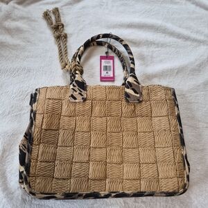 Vince Camuto Canvas & Woven Jute Orla Tote with Animal Print Trim